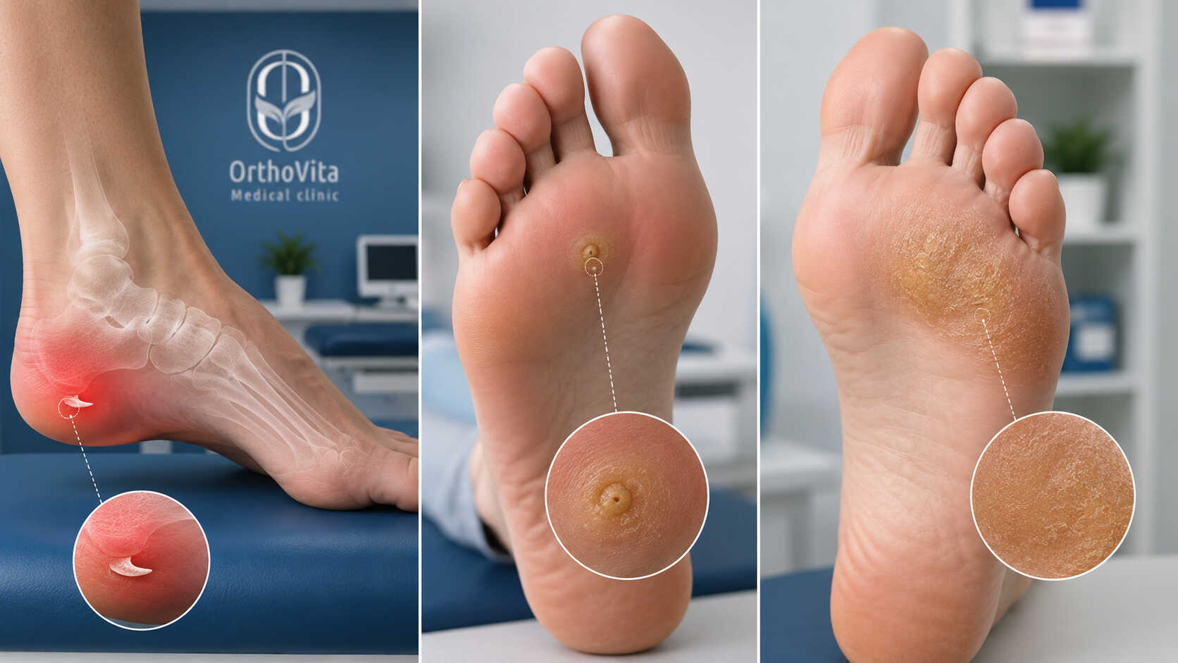 مقایسه تصویری خارپاشنه، میخچه و پینه پا در فضای کلینیکی